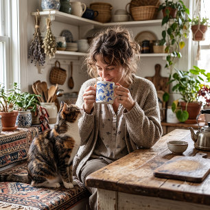 Tasse En Porcelaine Mug Chats Flottants Bleus de Style Ming