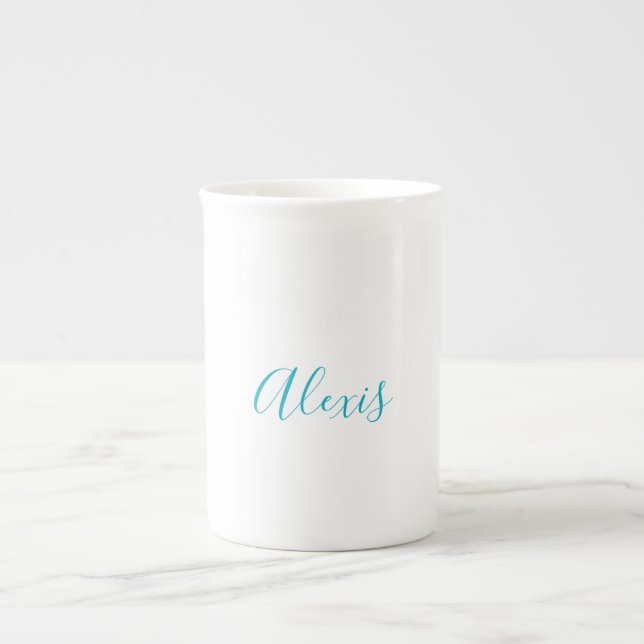 Tasse En Porcelaine Name Calligraphy Script Plain Simple White Blue (Devant)