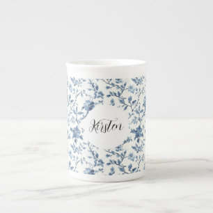 Tasse En Porcelaine Nœud Floral Bleu Blanc Chic