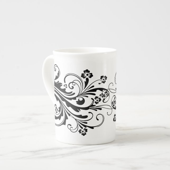 Tasse En Porcelaine Noir et blanc Elegant Damask (Devant gauche)