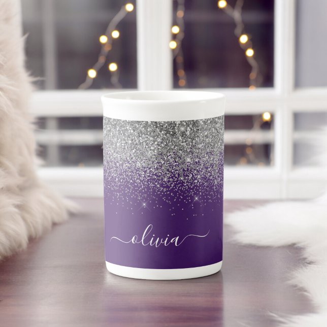Tasse En Porcelaine Nom de fille pailleté argent violet (Créateur téléchargé)