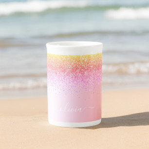 Tasse En Porcelaine Nom de monogramme métallique pailleté girly pastel