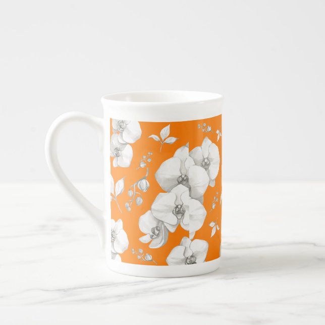 Tasse En Porcelaine Orchidée blanche aquarelle sur orange | (Gauche)