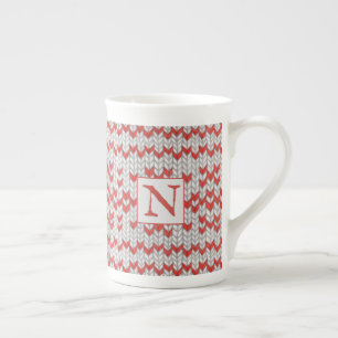 Tasse en porcelaine osseuse RED NORDIC KNIT + Init
