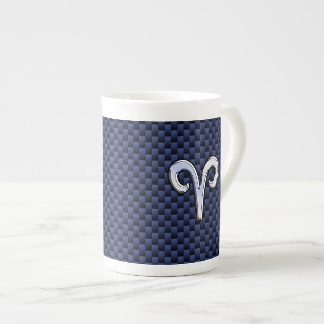 Tasse En Porcelaine Panneau Zodiac Silver Aries Bleu Carbone Fibres Im (Devant droit)