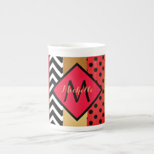Tasse En Porcelaine Parties scintillant rouge Noir Brush Stroke Monogr