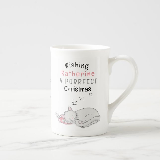 Tasse En Porcelaine Personnalisé Purfé Chat de Noël Bone Chine Mug (Droite)