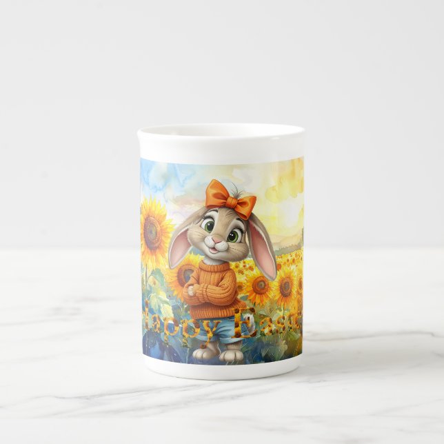 Tasse En Porcelaine Rabbit orange jumper sunflowers Happy Easter (Devant)