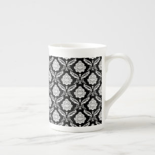 Tasse En Porcelaine Rococo Damassé Petit Motif Blanc sur Noir