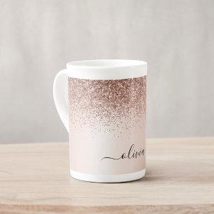 Tasse En Porcelaine Rose Gold - Rose Pâle Pailleté Monogramme Nom