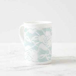 Tasse En Porcelaine Roses en dentelle florale bleue et blanche Menthe