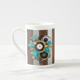 Tasse En Porcelaine Steampunk Clock and Turquoise Roses on Striped