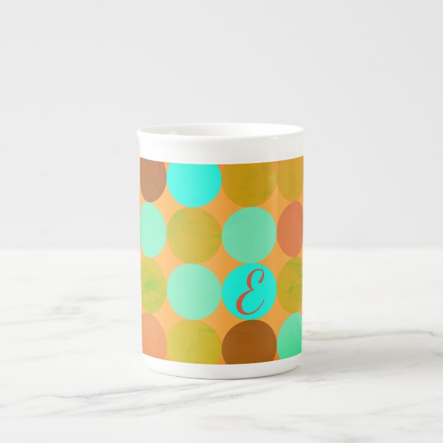 Tasse En Porcelaine Turquoise Bleu Vert & Cercles Orange Monogramme (Devant)