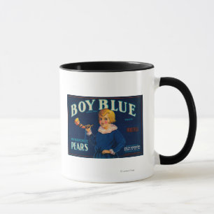Tasse Étiquette bleu de caisse de poire de garçon