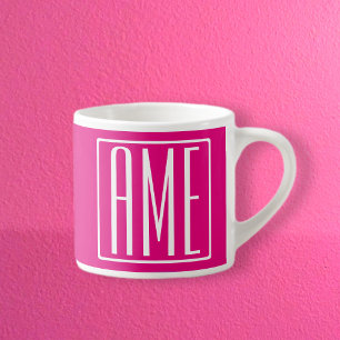 Tasse Expresso 3 Initiales Monogramme Blanc sur rose chaud