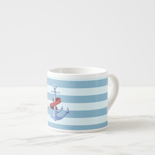 Tasse Expresso Adorable Ancre nautique Bleu clair rayures (Devant droit)