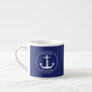 Tasse Expresso Ancre nautique Capitaine Monogramme Nom bleu