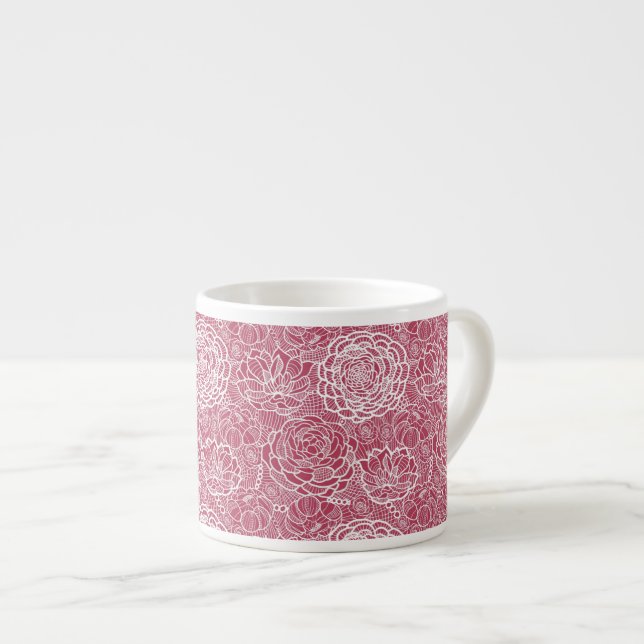 Tasse Expresso Arrière - plan bleu de motif de fleurs de dentelle (Devant droit)