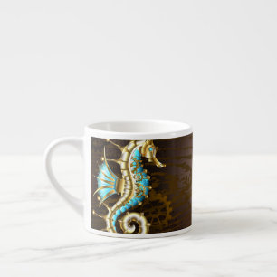 Tasse Expresso Arrière - plan en bois avec cheval de mer mécaniqu