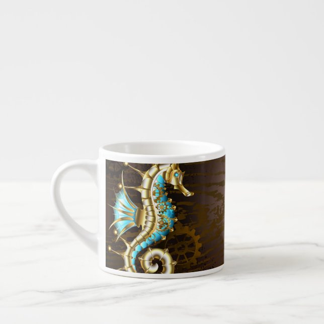 Tasse Expresso Arrière - plan en bois avec cheval de mer mécaniqu (Gauche)