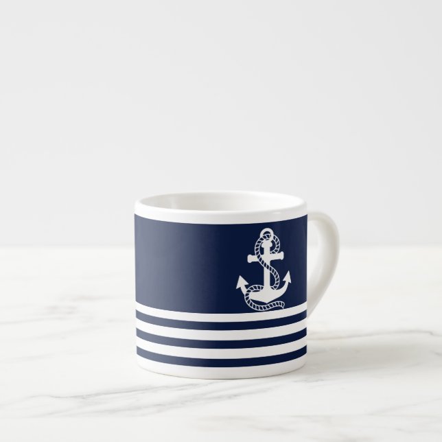 Tasse Expresso Bleu blanc de la marine et Ancre blanche (Devant droit)