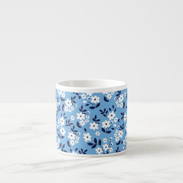 Tasse Expresso Bleu, Fleurs blanches : Vintage (Devant)