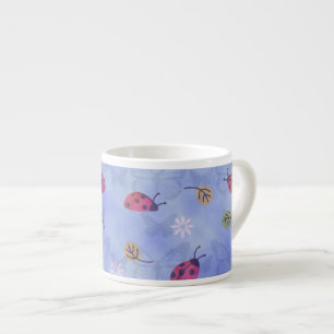 Tasse Expresso Coccinelles et feuilles tombantes motif bleu