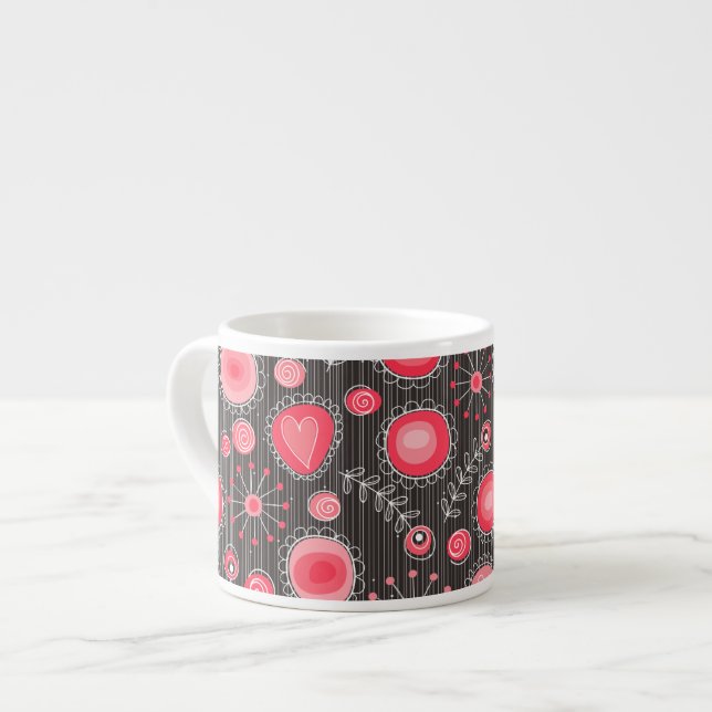 Tasse Expresso Coeurs blancs et gris et fleurs florales (Devant gauche)