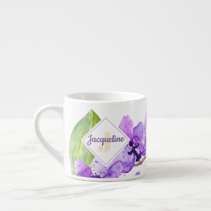 Tasse Expresso dessin d'orchidée à l'aquarelle couleur avec monog