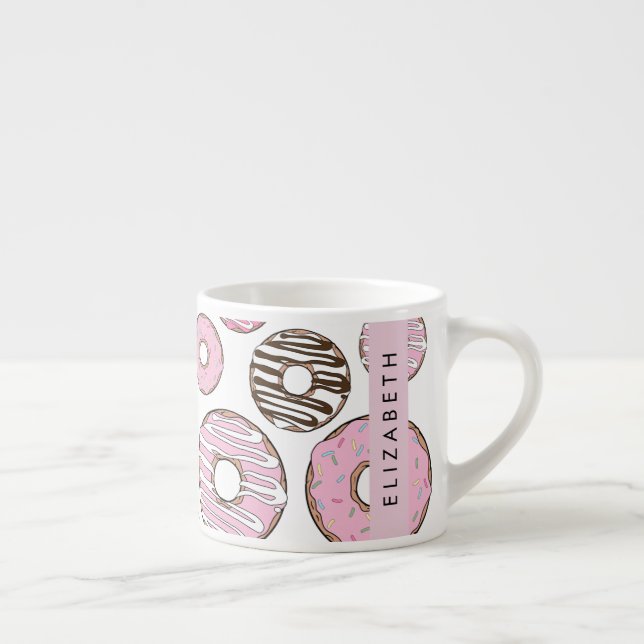 Tasse Expresso Donuts Roses, Donuts Blancs, Sprinkings, Votre Nom (Droite)