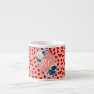 Tasse Expresso Élégant floral bleu poussiéreux et cœurs rouges mo