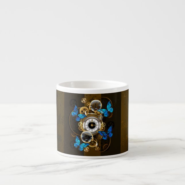 Tasse Expresso Engrenages à vapeur et papillons bleus (Devant)