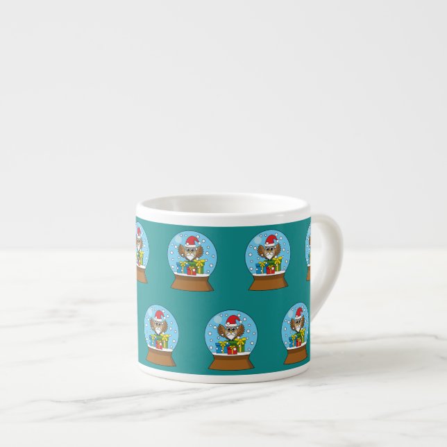 Tasse Expresso Globe des neiges avec Chouette du Père Noël (Devant droit)