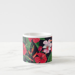 Tasse Expresso hibiscus rouge, orchidées, aquarelle tropicale.
