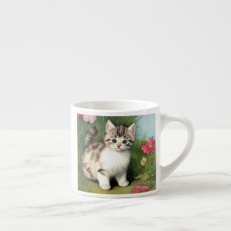Tasse Expresso Illustration vintage de chat avec Fleurs rouges