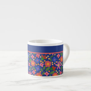 Tasse Expresso Joli style d'art populaire Floral sur Blue Espress