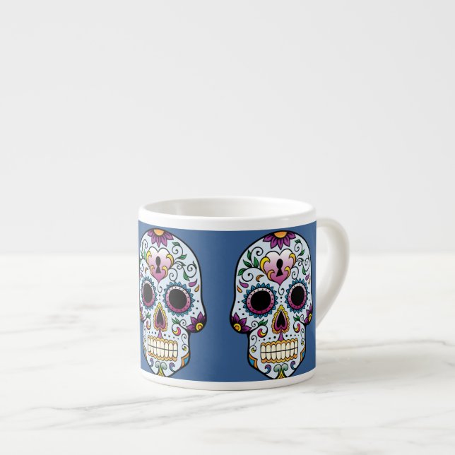Tasse Expresso Jour de la mort crâne sucre bleu (Devant droit)