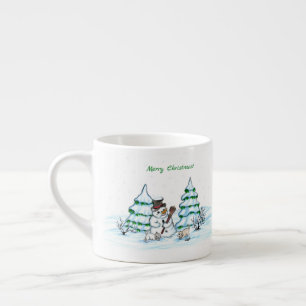 Tasse Expresso Joyeux Noël ! Bonhomme de neige avec le chat et l