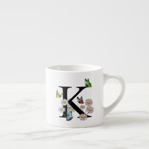 Tasse Expresso Lettre K Monogramme Papillon Floral Initial    