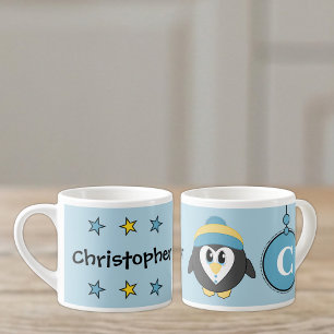 Tasse Expresso Mignon manchot bleu jaune avec des étoiles pour en