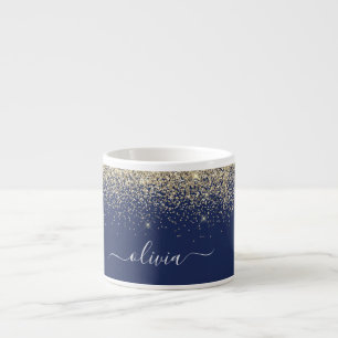 Tasse Expresso Monogramme de nom fille pailleté bleu marine or