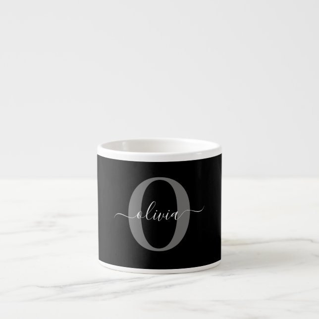 Tasse Expresso Monogramme personnalisé Nom de script noir blanc g (Devant)