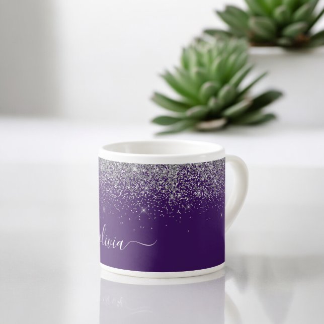 Tasse Expresso Nom de monogramme girly pailleté argent violet (Créateur téléchargé)