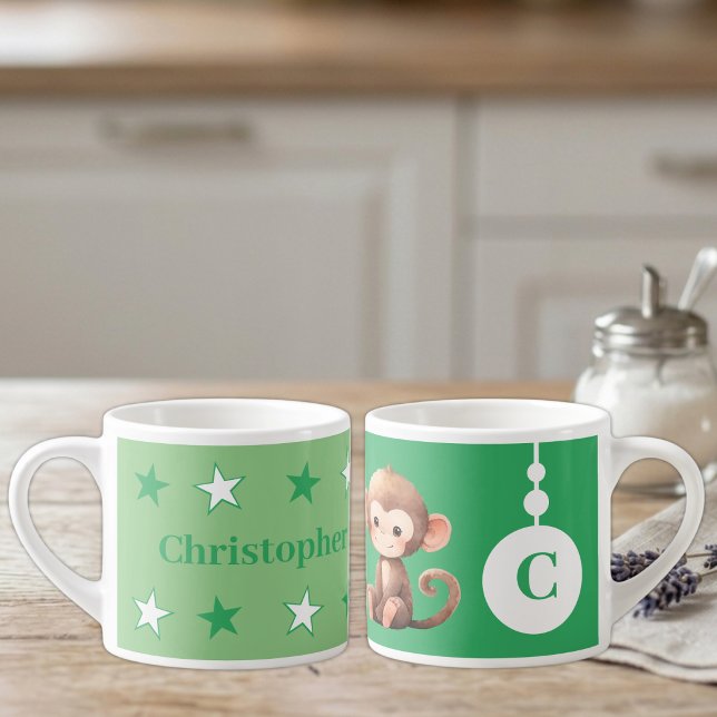 Tasse Expresso Nom de singe mignon initial vert (Créateur téléchargé)