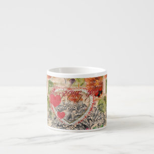 Tasse Expresso Oiseaux de l'amour Cœur Rouge Collage d'art