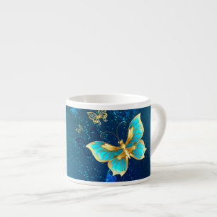 Tasse Expresso Papillons d'or sur un Arrière - plan bleu