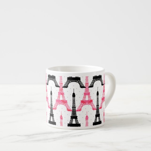 Tasse Expresso Paris Love, Tour Eiffel en noir et rose, mulets (Devant droit)