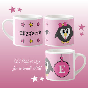 Tasse Expresso Pingouin mignon rose jaune avec étoiles enfant