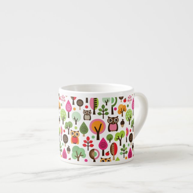 Tasse Expresso rétro motif de hibou d'arbre rose de feuille (Devant droit)