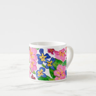 Tasse Expresso Rose, Crimson et Blue Primroses Floral sur Blanc